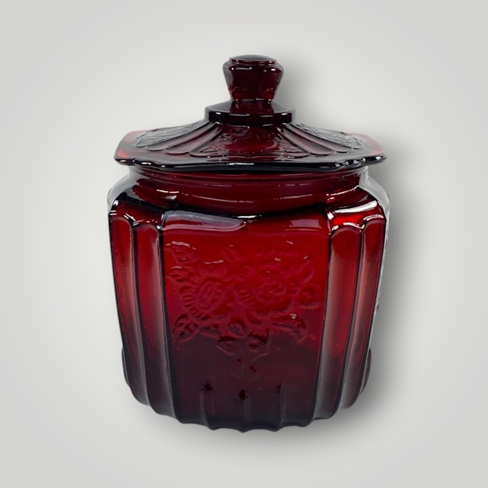 Ruby Red Amberina Glass Biscuit Cookie Jar Mayfair Open Rose Reproduction 1970s